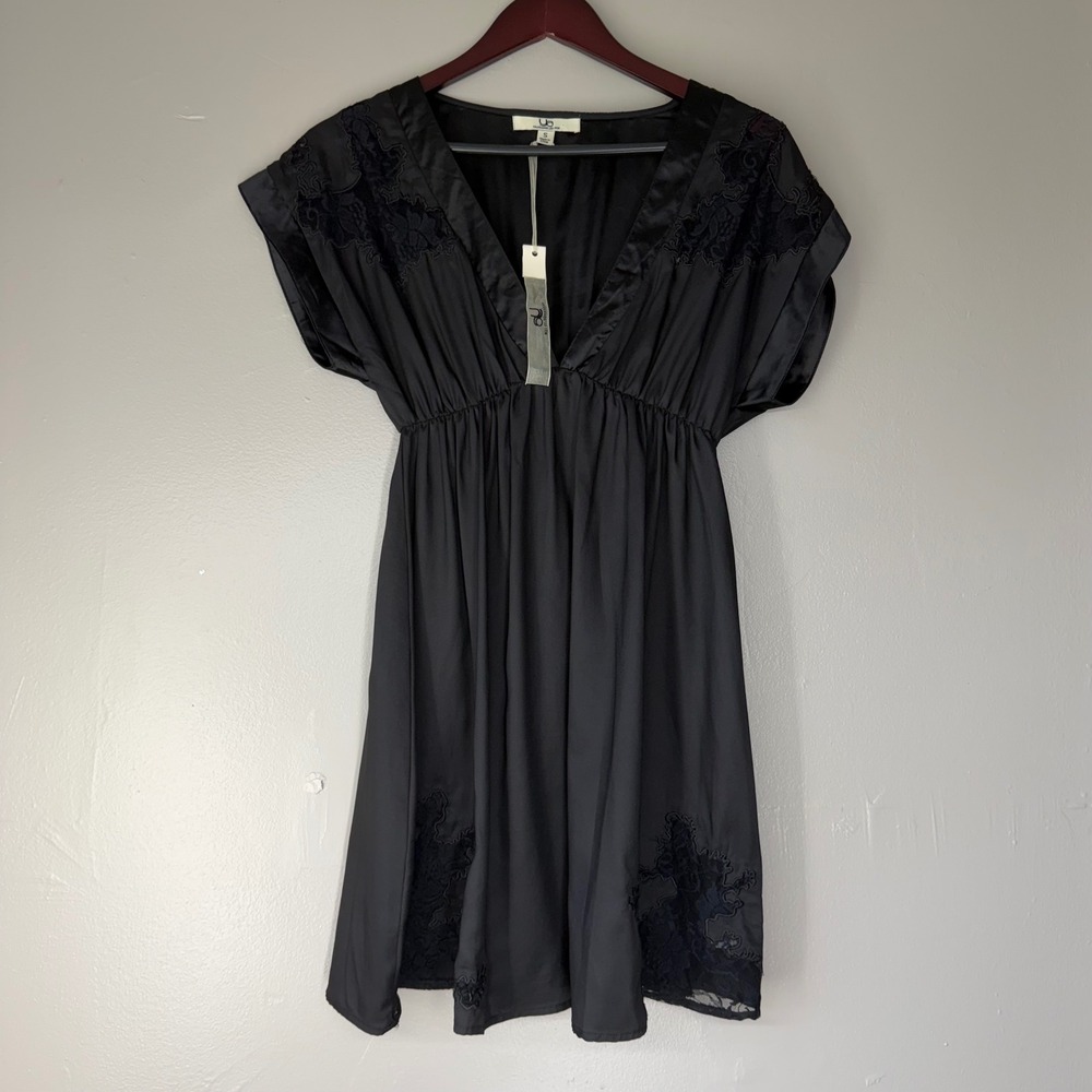 YA Los Angeles Black Lace Trim V-Neck Babydoll Mini Dress Womens Small